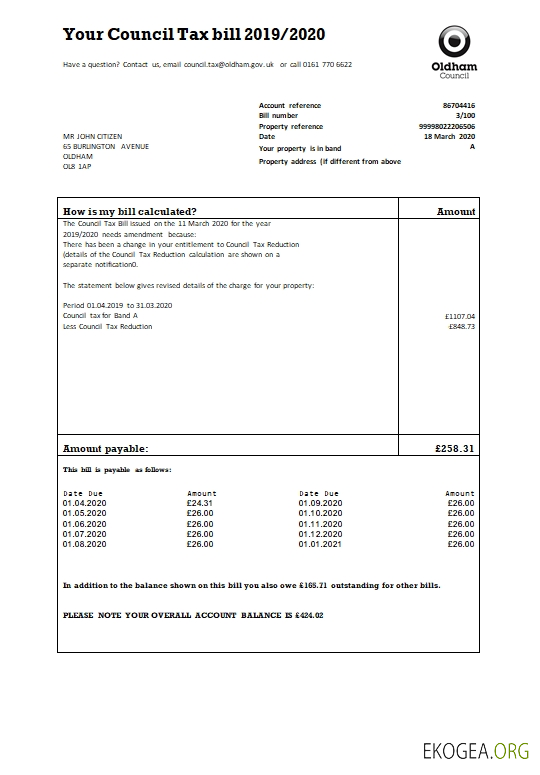 United Kingdom Oldham council tax bill template in Word and PDF format